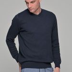 Βαμβακερό Ανδρικό Πουλόβερ με Βε σε Σκούρο μπλε-Navy Χρώμα