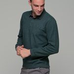 Χακί ανδρική μακρυμάνικη βελουτέ μπλούζα πόλο MS με κουμπιά