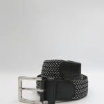 Πλεκτή δίχρωμη ελαστική ζώνη σε μαύρο - άσπρο χρώμα με μεταλλική αγκράφα