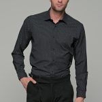 Μαύρο πουκάμισο ανδρικό με γκρι και λευκό print μικροσχέδιο– Slim Fit