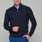 Μπλε ανδρικό Half Zipper πουλόβερ με πλέξη κοτσίδα Massaro