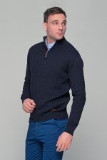 Μπλε ανδρικό Half Zipper πουλόβερ με πλέξη κοτσίδα Massaro - Image 5