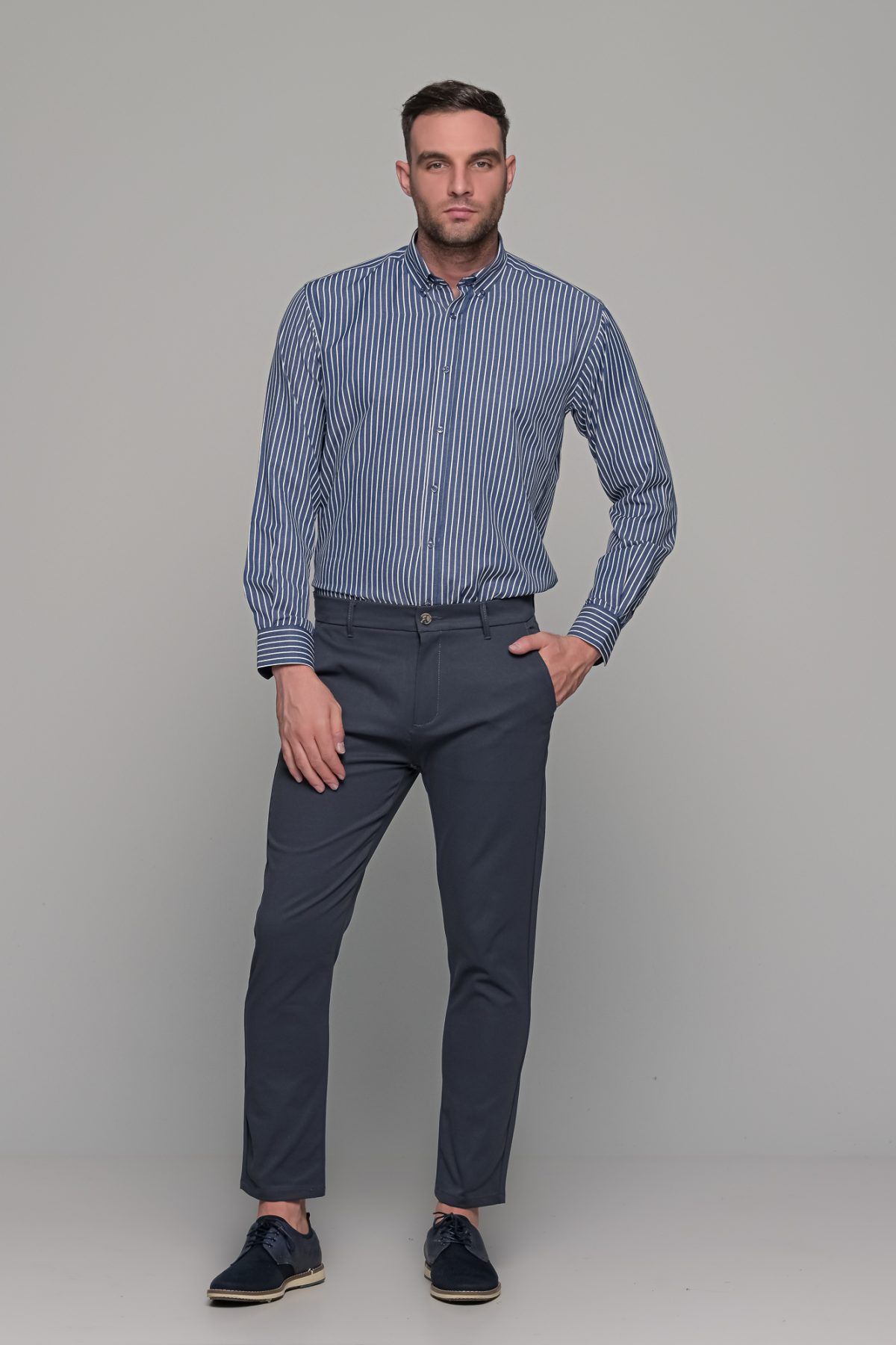 Γκρι μπλε πουκάμισο με λευκή ρίγα PAPARAZZI χωρίς Τσεπάκι - Classic Fit - Image 7