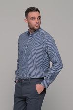 Γκρι μπλε πουκάμισο με λευκή ρίγα PAPARAZZI χωρίς Τσεπάκι - Classic Fit - Image 3