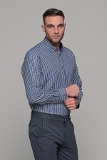 Γκρι μπλε πουκάμισο με λευκή ρίγα PAPARAZZI χωρίς Τσεπάκι - Classic Fit - Image 4