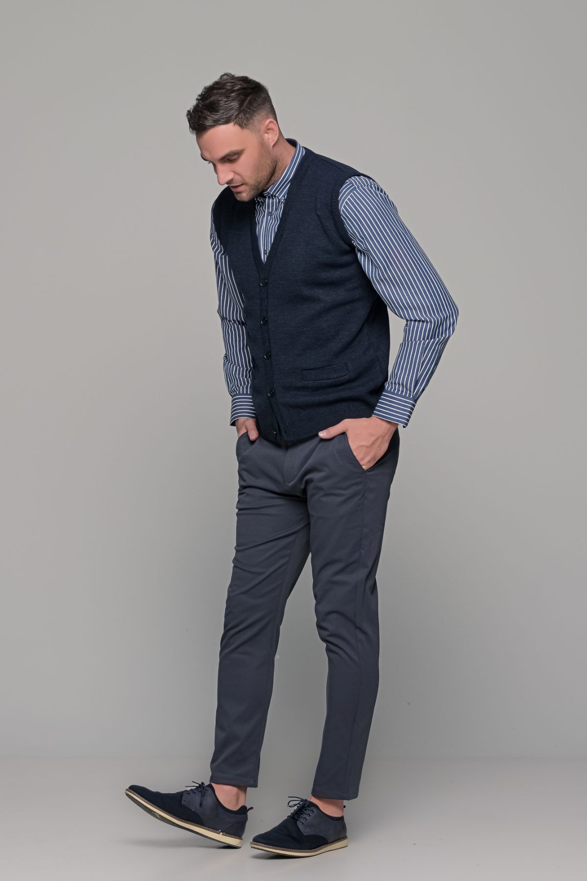 Γκρι μπλε πουκάμισο με λευκή ρίγα PAPARAZZI χωρίς Τσεπάκι - Classic Fit - Image 10