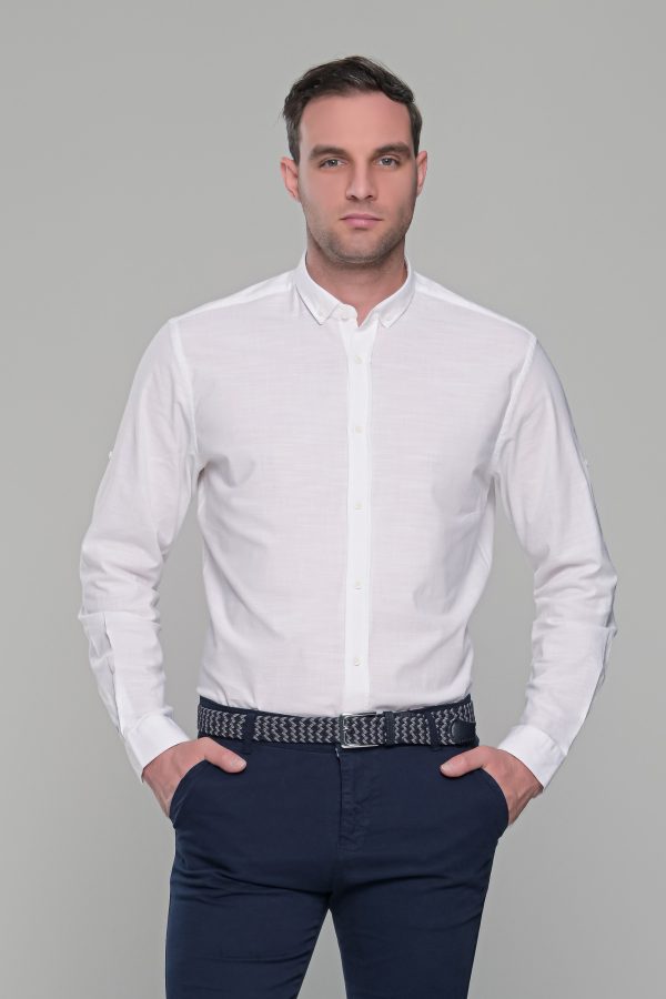 Λινό λευκό ανδρικό πουκάμισο - Slim Fit