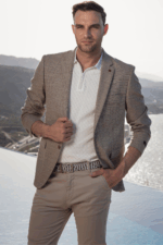 Μπεζ ανδρικό καλοκαιρινό σακάκι με σχέδιο στην ύφανση AM- slim fit - Image 2