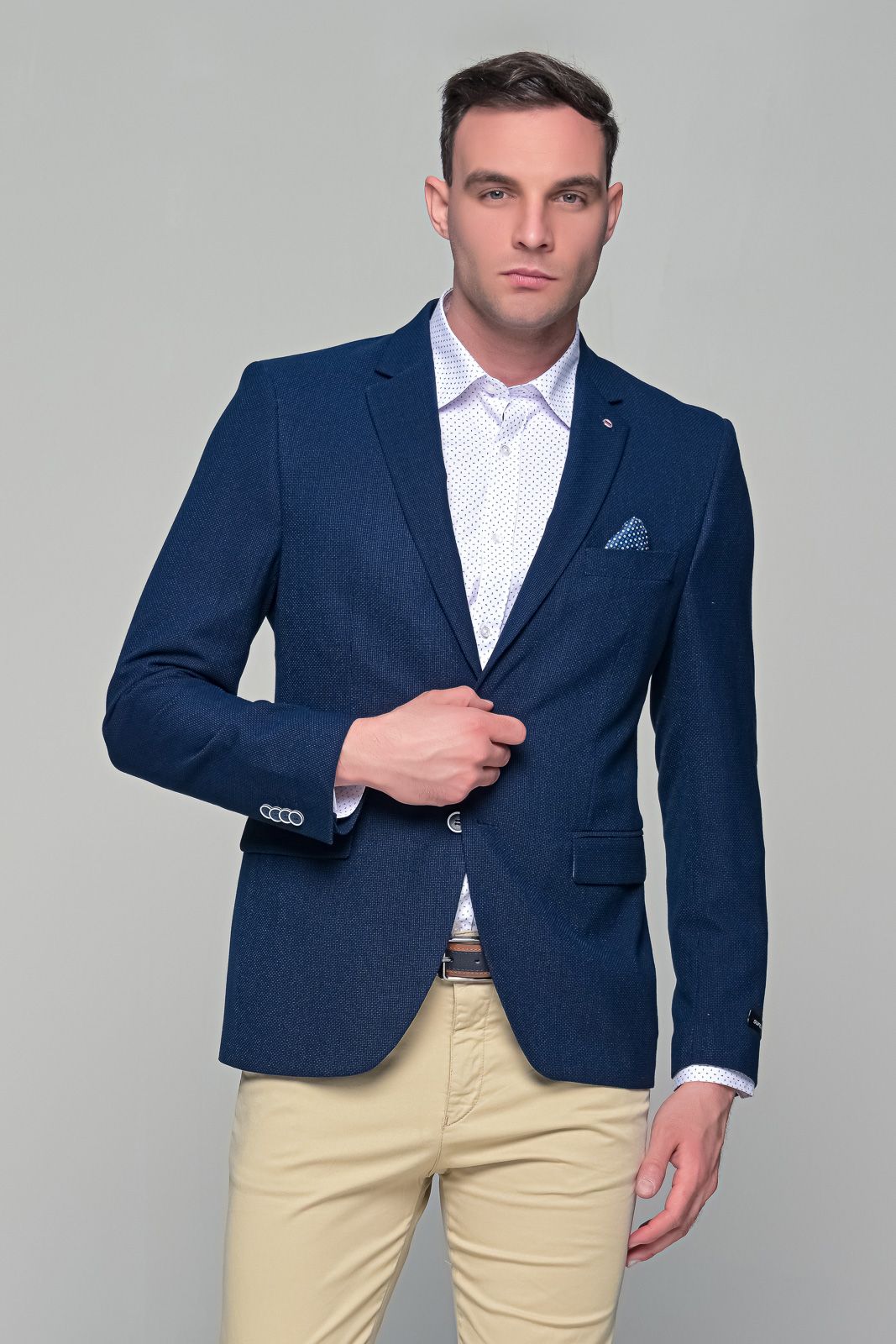 BY ANDREAS ADAMOPOULOS Μπλε ανδρικό καλοκαιρινό σακάκι με δίχρωμη πλέξη AM- slim fit - Image 1