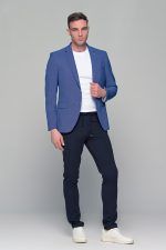 Μπλε υφασμάτινο ανδρικό παντελόνι με λάστιχο τύπου κοστουμιού καλοκαιρινό– Slim fit - Image 8