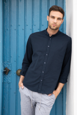 Λινό μπλε ανδρικό πουκάμισο - Slim Fit