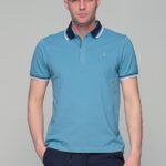 Μπλε-Σιελ ανδρικό πόλο μπλουζάκι MS με φερμουάρ – Slim Fit