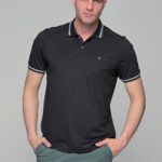Μαύρο ανδρικό πόλο κοντομάνικο μπλουζάκι MS με σχέδιο στο γιακά – Slim Fit