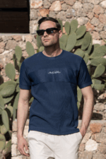 Μπλε ανδρικό κοντομάνικο t-shirt με σχέδιο στο στήθος – regular fit - Image 2