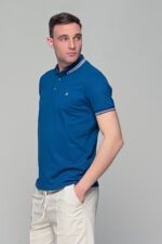 Μπλε Ραφ ανδρικό πόλο μπλουζάκι MS με κουμπί στο γιακά – Slim Fit - Image 3