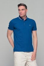 Μπλε Ραφ ανδρικό πόλο μπλουζάκι MS με κουμπί στο γιακά – Slim Fit - Image 4