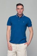 Μπλε Ραφ ανδρικό πόλο μπλουζάκι MS με κουμπί στο γιακά – Slim Fit