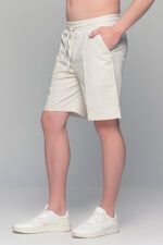 Ανδρική λινή μπεζ βερμούδα με λάστιχο - Straight fit - Image 3