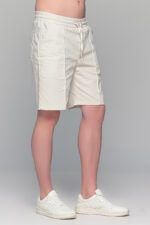 Ανδρική λινή μπεζ βερμούδα με λάστιχο - Straight fit - Image 4