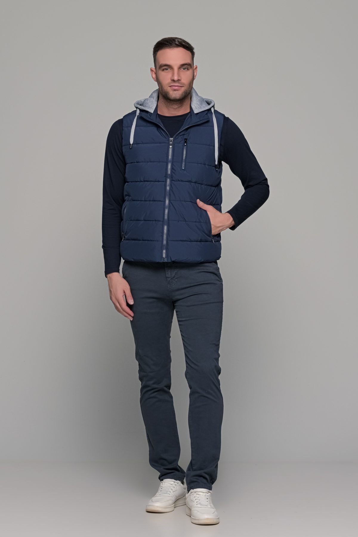 Μπλε αμάνικο ανδρικό μπουφάν γιλέκο με κουκούλα PAPARAZZI - Image 7