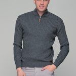 Γκρι ανδρικό Half Zipper πουλόβερ με πλέξη κοτσίδα Massaro