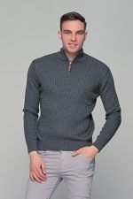 Γκρι ανδρικό Half Zipper πουλόβερ με πλέξη κοτσίδα Massaro