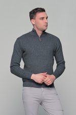 Γκρι ανδρικό Half Zipper πουλόβερ με πλέξη κοτσίδα Massaro - Image 3