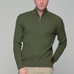 Πράσινο ανδρικό Half Zipper πουλόβερ με πλέξη κοτσίδα Massaro
