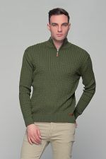 Πράσινο ανδρικό Half Zipper πουλόβερ με πλέξη κοτσίδα Massaro