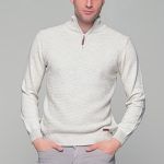 Λευκό ανδρικό Half Zipper πουλόβερ με πλέξη γκοφρέ Massaro