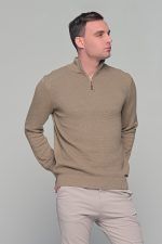 Μπεζ ανδρικό Half Zipper πουλόβερ με πλέξη γκοφρέ Massaro - Image 5