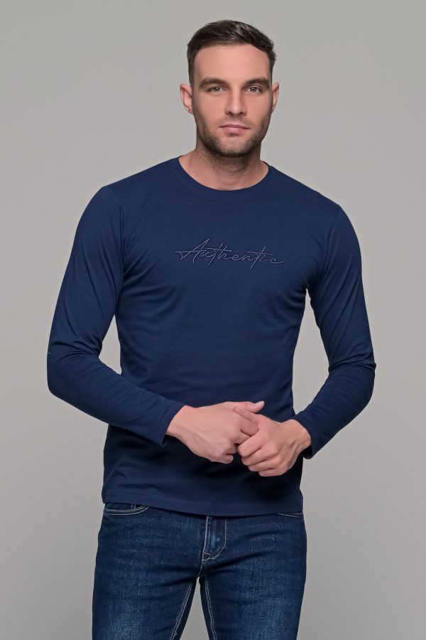 Μπλε ανδρικό μακρυμάνικο t-shirt με στάμπα Authentic