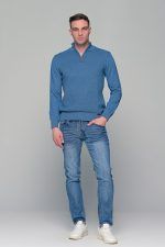 Μπλε-Σιέλ ανδρικό Half Zipper πουλόβερ με πλέξη γκοφρέ Massaro - Image 4