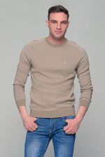 Μπεζ ανδρικό πουλόβερ με λαιμόκοψη Massaro