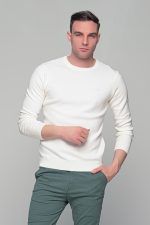 Λευκό ανδρικό πουλόβερ με λαιμόκοψη Massaro