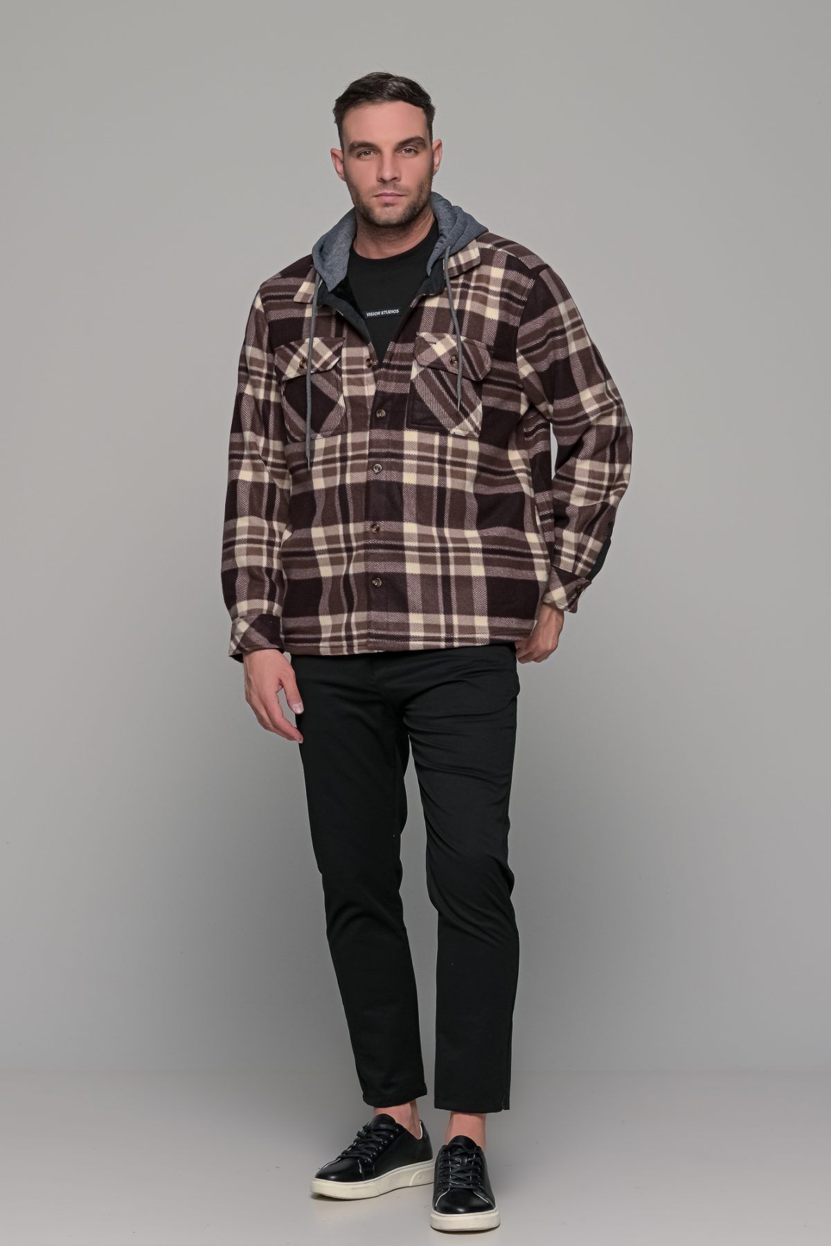 Καρό πουκάμισο jacket καφέ-μπεζ με εσωτερική επένδυση και κουκούλα - Loose fit - Image 7