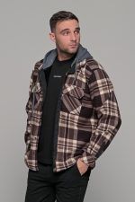 Καρό πουκάμισο jacket καφέ-μπεζ με εσωτερική επένδυση και κουκούλα - Loose fit - Image 3