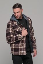 Καρό πουκάμισο jacket καφέ-μπεζ με εσωτερική επένδυση και κουκούλα - Loose fit - Image 5