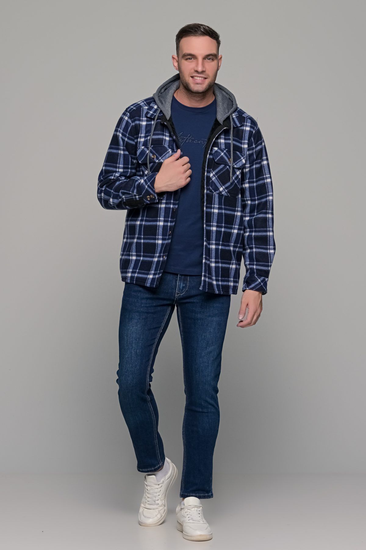 Καρό πουκάμισο jacket μπλε-άσπρο με εσωτερική επένδυση και κουκούλα - Loose fit - Image 5