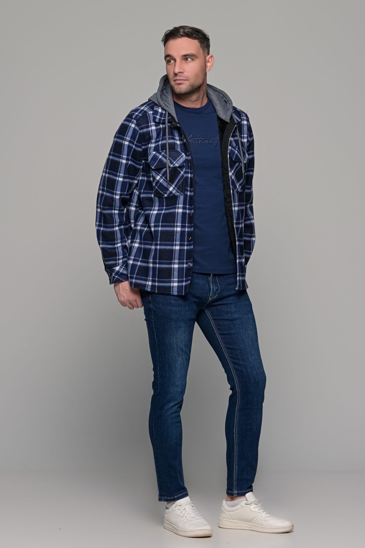 Καρό πουκάμισο jacket μπλε-άσπρο με εσωτερική επένδυση και κουκούλα - Loose fit - Image 7