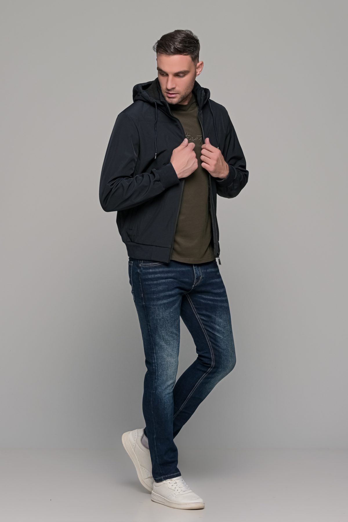 Navy φθινοπωρινό αδιάβροχο ανδρικό μπουφάν με αποσπώμενη κουκούλα - Slim fit - Image 8