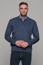 Μπλε πλεκτό ανδρικό πόλο με κουμπί μακρυμάνικο