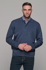Μπλε πλεκτό ανδρικό πόλο με κουμπί μακρυμάνικο