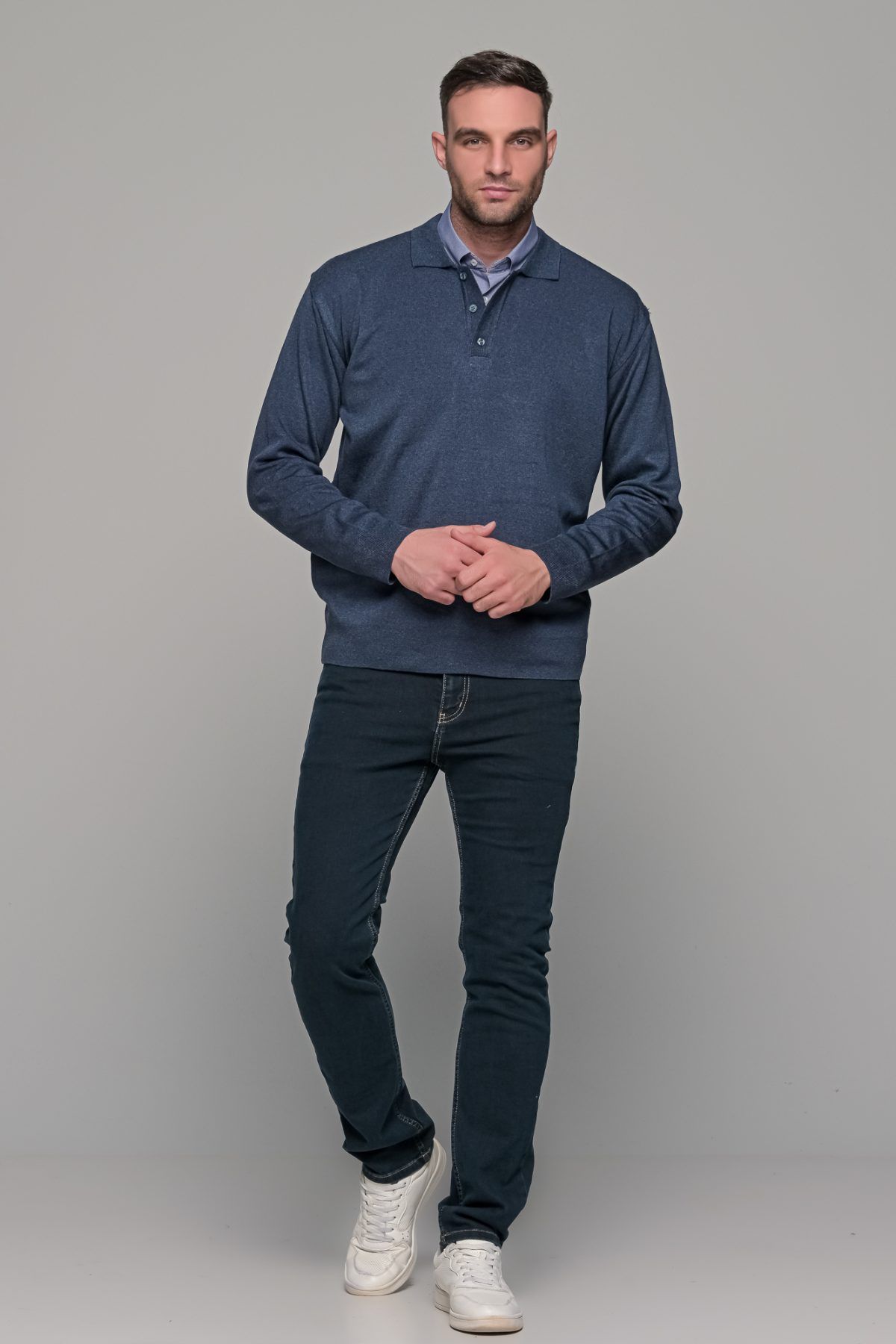 Μπλε πλεκτό ανδρικό πόλο με κουμπί μακρυμάνικο