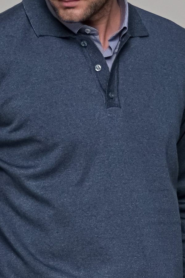 Μπλε πλεκτό ανδρικό πόλο με κουμπί μακρυμάνικο