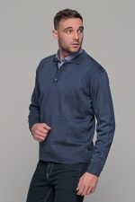 Μπλε πλεκτό ανδρικό πόλο με κουμπί μακρυμάνικο
