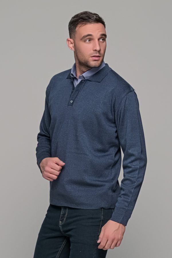 Μπλε πλεκτό ανδρικό πόλο με κουμπί μακρυμάνικο
