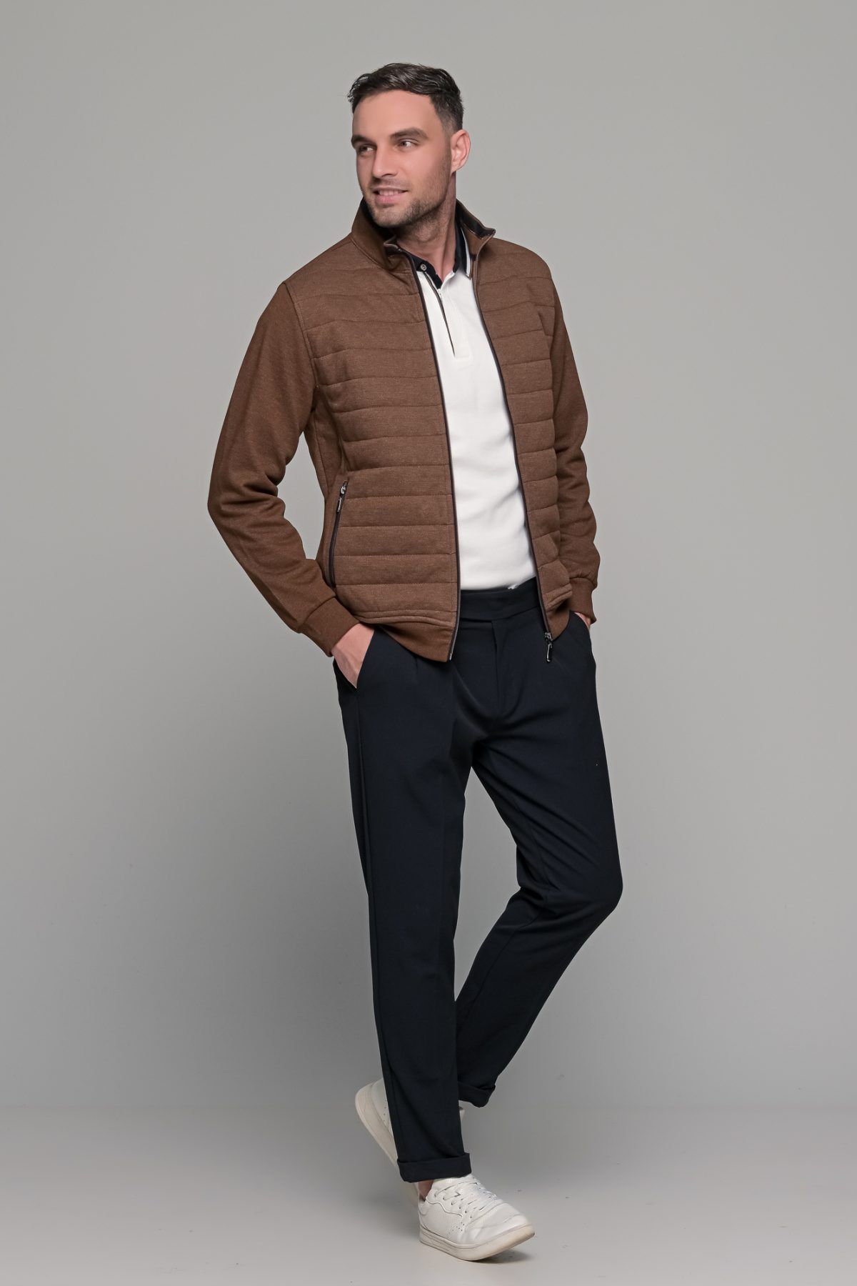 Καφέ ανδρική ζακέτα με ραφή MS - slim fit