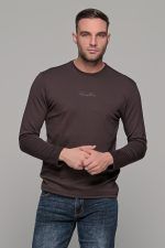Καφέ ανδρική μακρυμάνικη μπλούζα με ανάγλυφη διακριτική στάμπα - Image 3