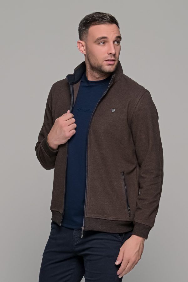 Καφέ ανδρική ζακέτα MS με τσέπες - slim fit